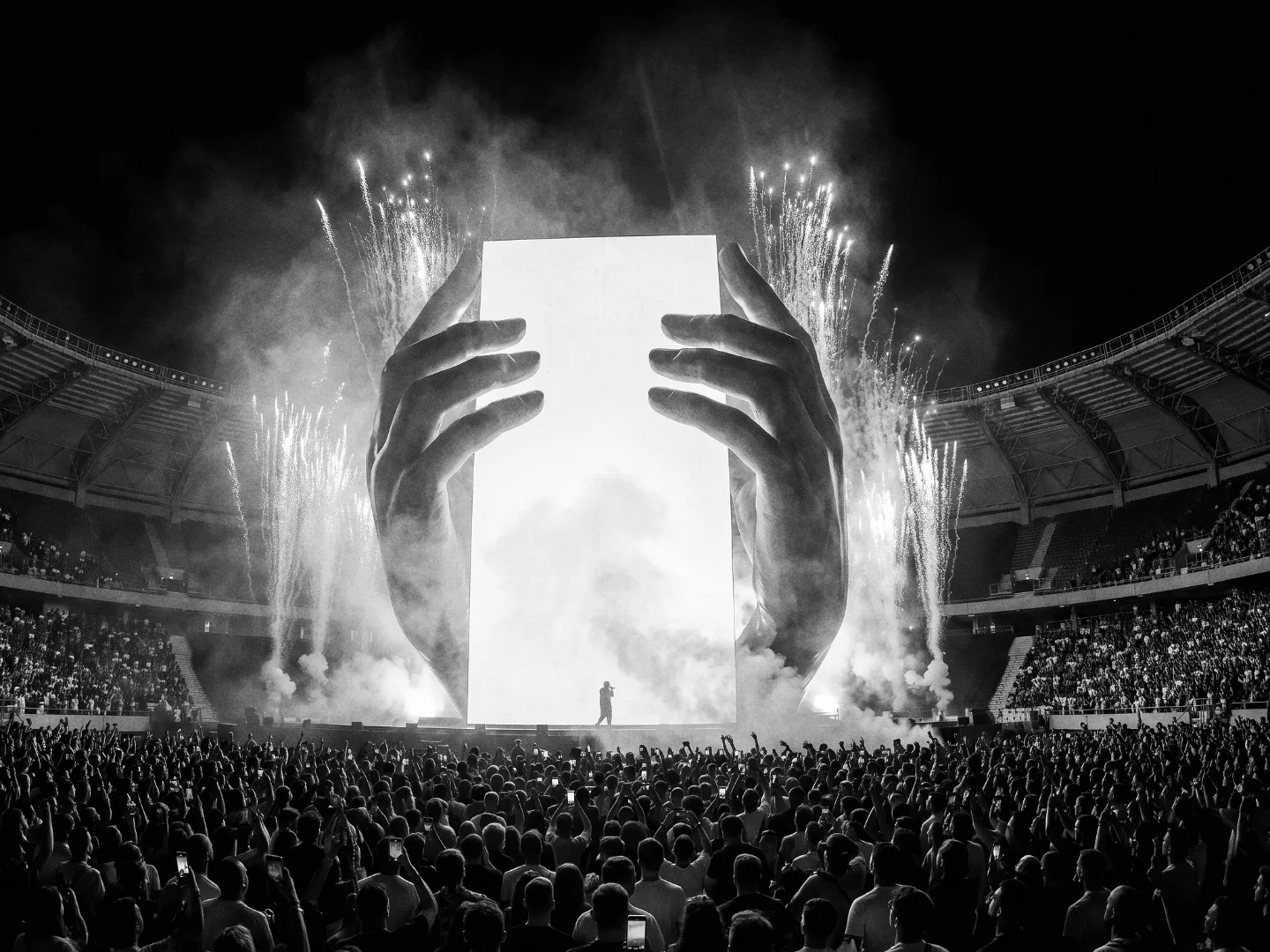 Giant hands holding an LED screen above a stadium crowd, black and white