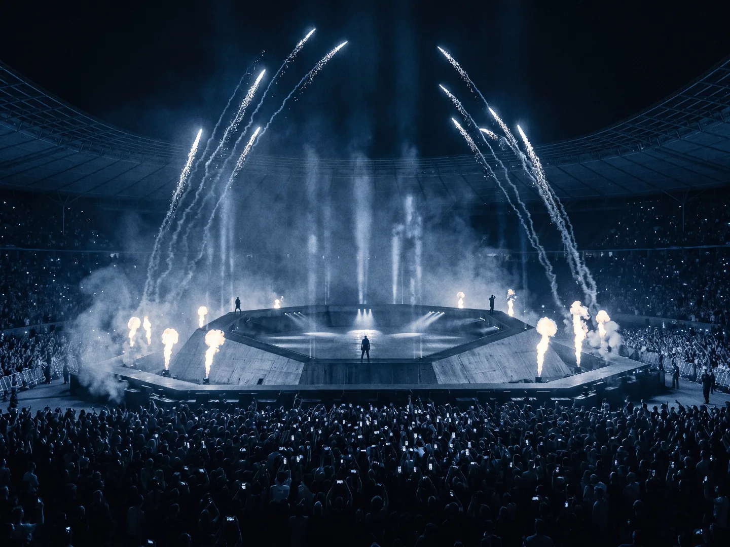 Hexagonal stadium stage with pyrotechnics