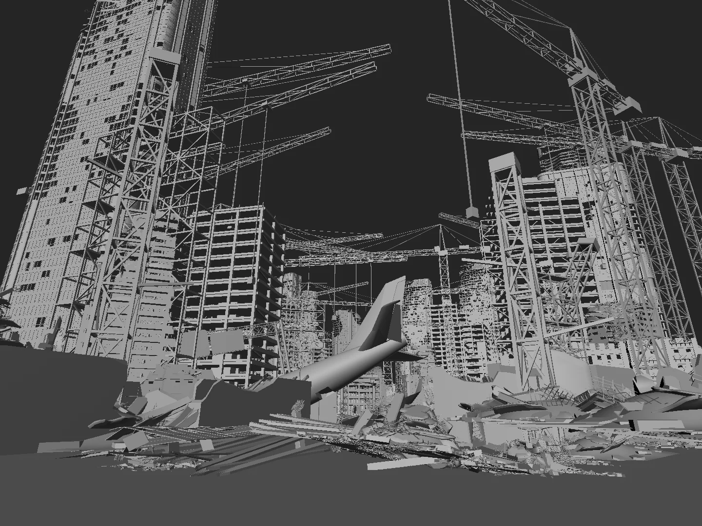 Playblast of a ruined city under construction